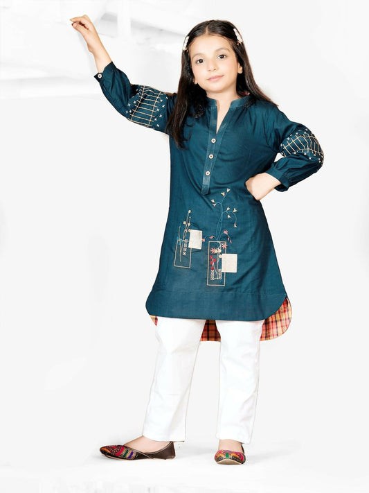 Teal Blue Velvour Girls Embroidered Stitched Tunic-VG64-A