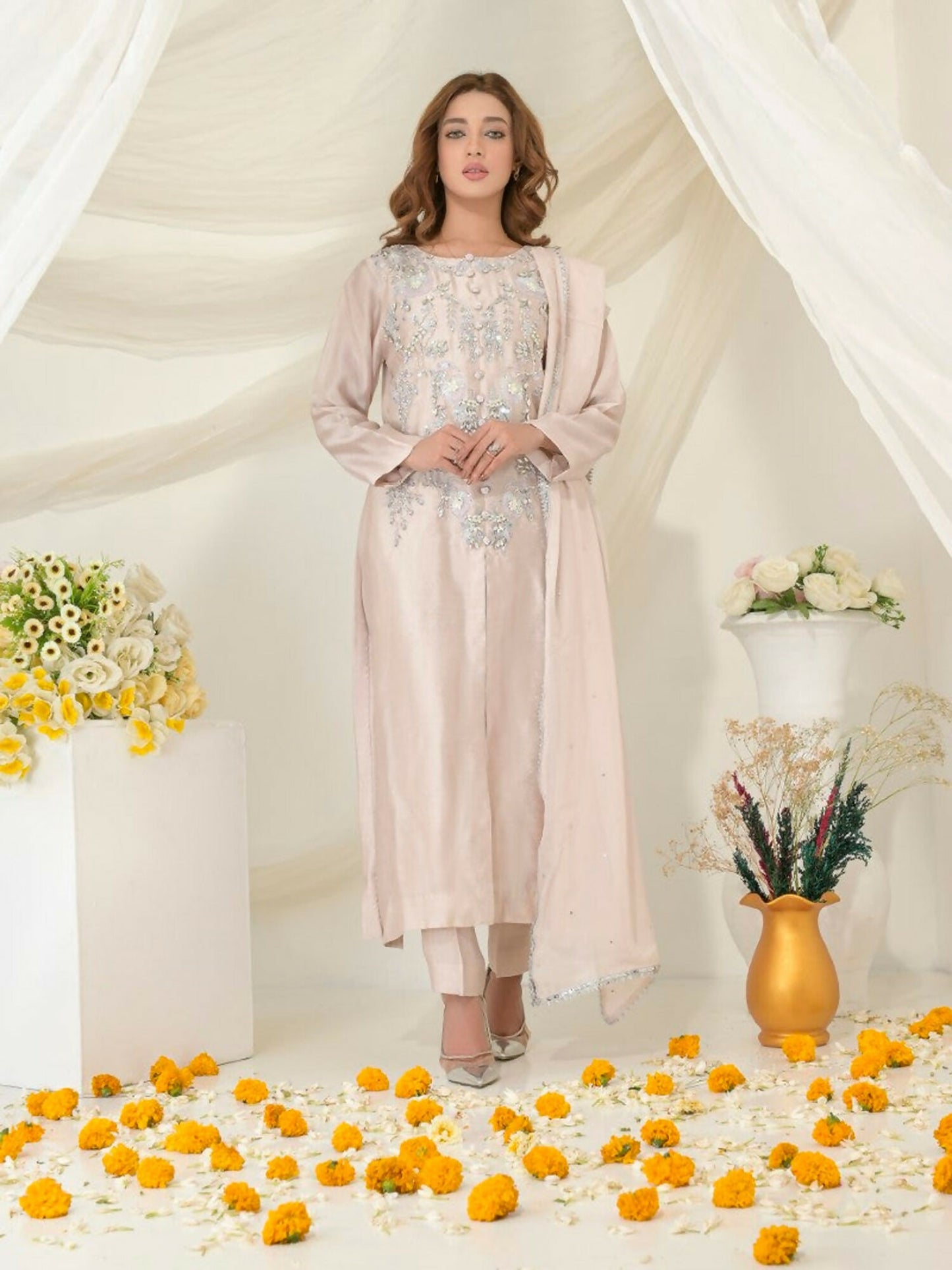 Ruby's Couture Gul-Bahar Khadi Embroidered Stitched 3-Piece Suit-Doodh Dulari