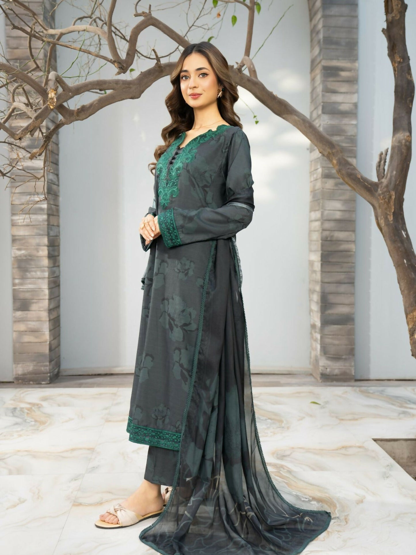 Panache Apparel Fiona SS'25 Cambric Embroidered Stitched Suit-Moss