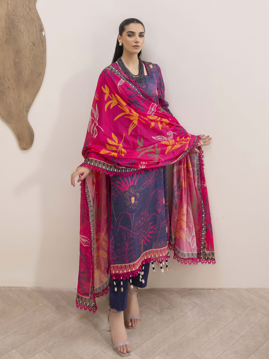 Girl standing wearing an unstitched 3-piece suit with premium digital printed slub lawn shirt, digital printed pure voile dupatta, and dyed cotton trouser, ideal for breathable and stylish summer wear.