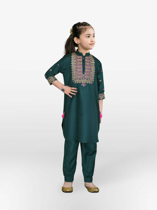 Dark Green and Pink Velvour Girls Embroidered Stitched 2-Piece Suit-VG83-A