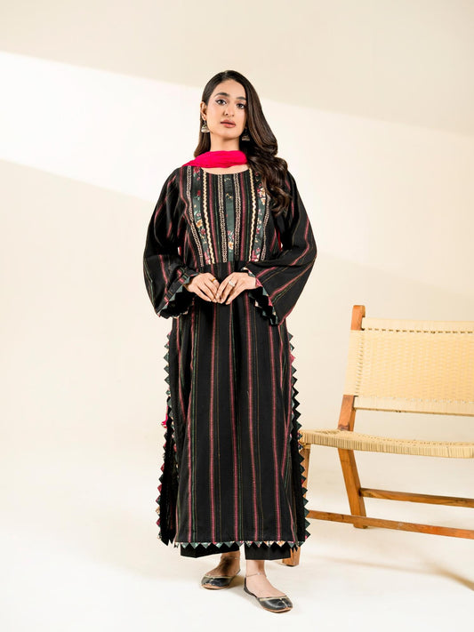 Black Rabazka Jaquard Embroidered Stitched 3-Piece Suit-WRTW-DJC-S26-3PC-01