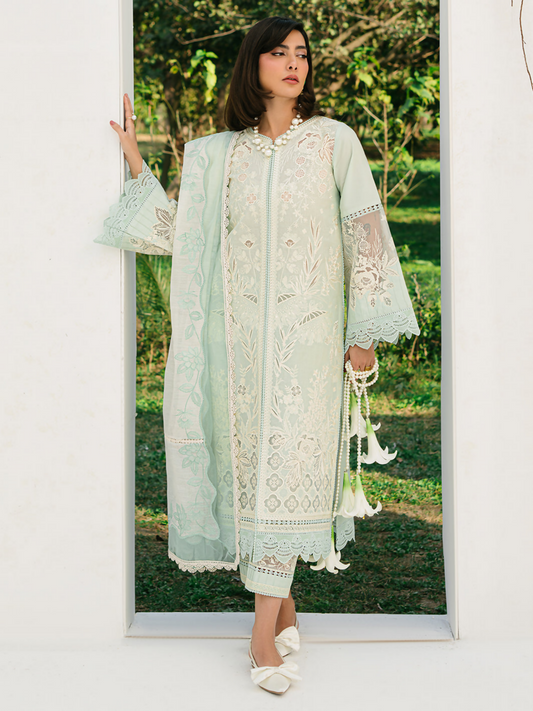 Laser embroidered lawn suit with organza sleeve and daman lace, paired with embroidered dupatta and cotton trouser.