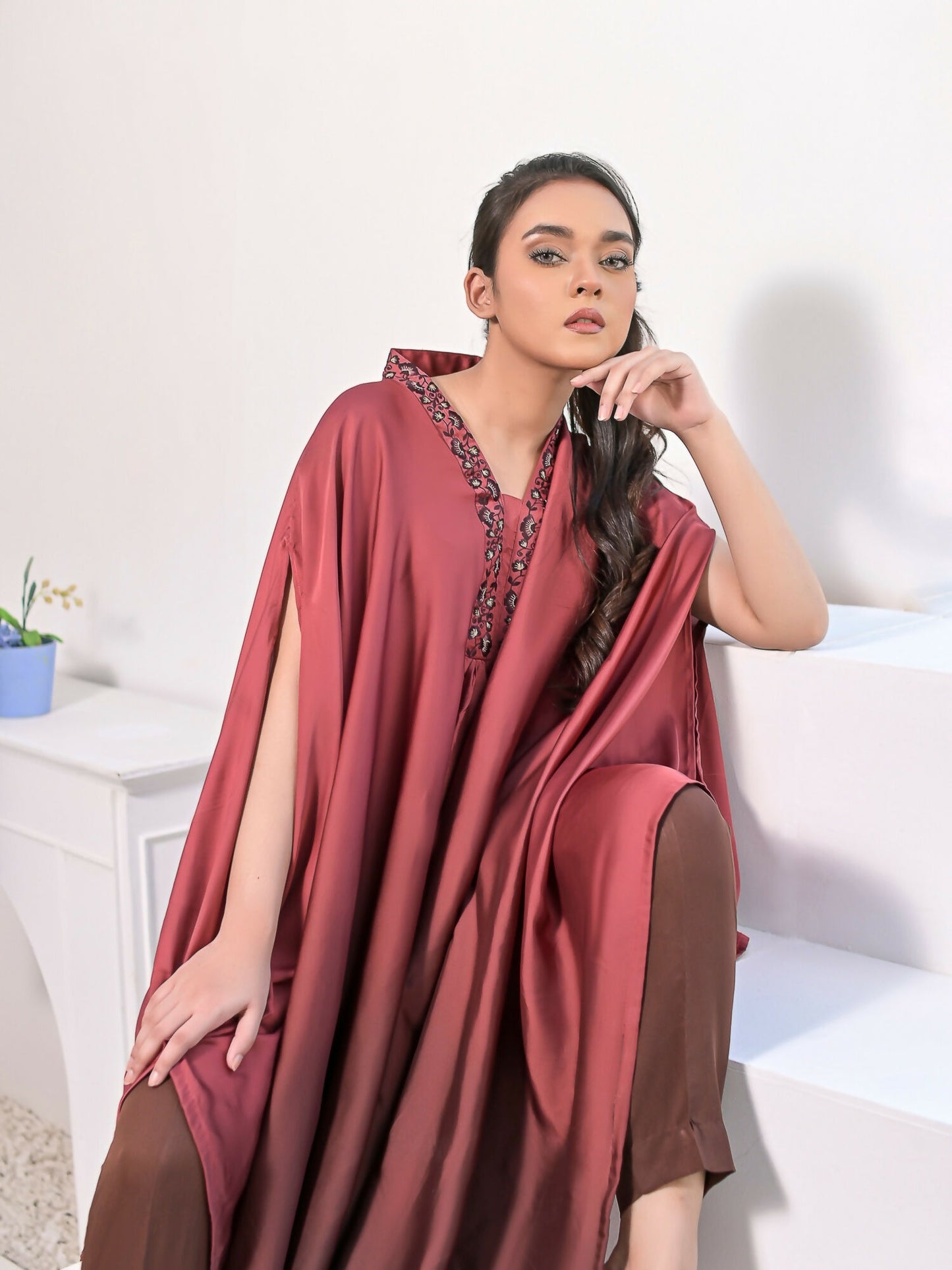 Ruby's Couture Haute & Chic Silk Embroidered Kaftan Set-Misty