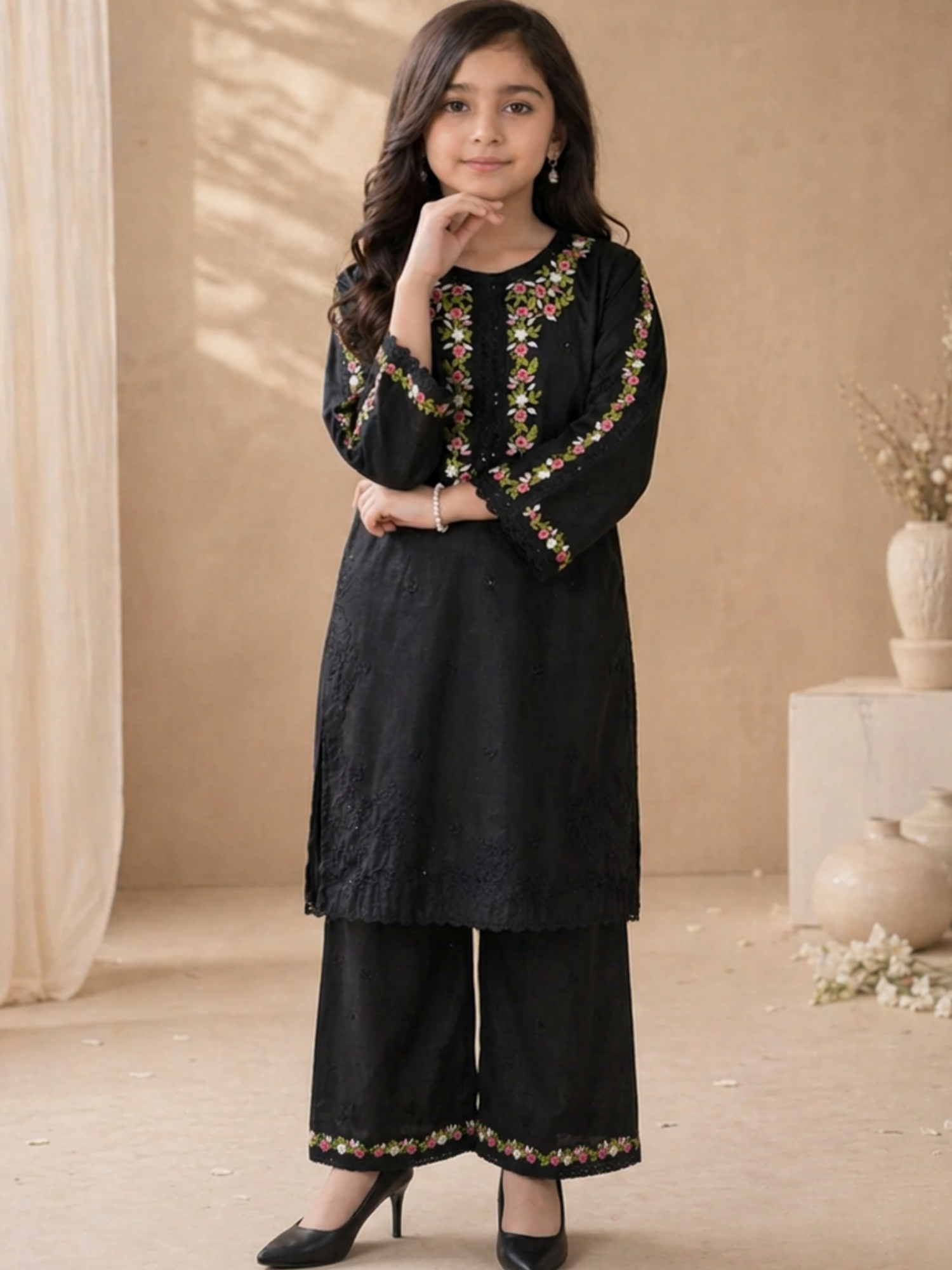Black-Lumira Cotton Embroidered Stitched 3-Piece Suit-Zoe Black