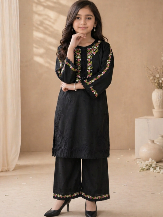 Black-Lumira Cotton Embroidered Stitched 3-Piece Suit-Zoe Black
