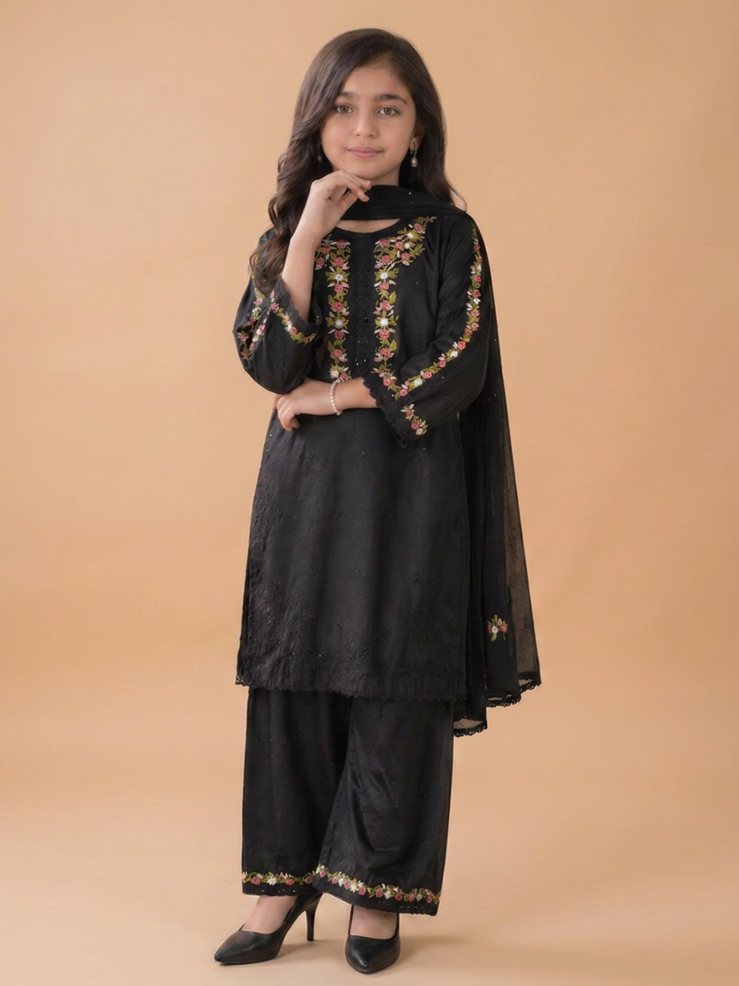 Black-Lumira Cotton Embroidered Stitched 3-Piece Suit-Zoe Black