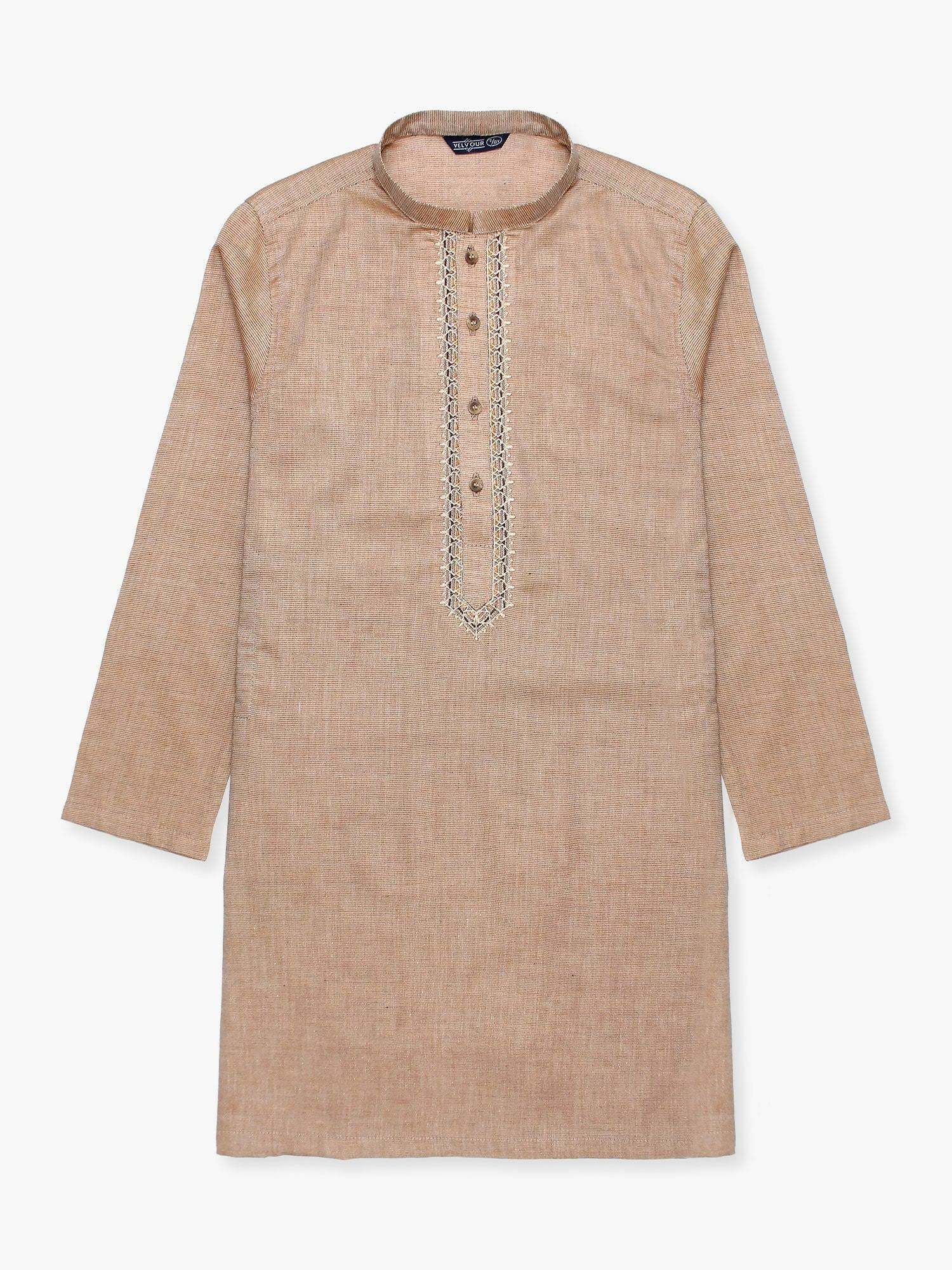 Beige Velvour Boys Embroidered Kurta Set-VB198-B