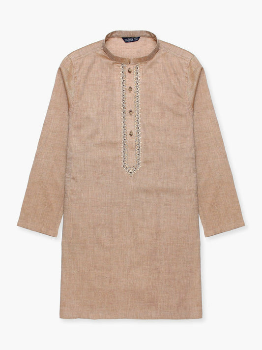 Beige Velvour Boys Embroidered Kurta Set-VB198-B