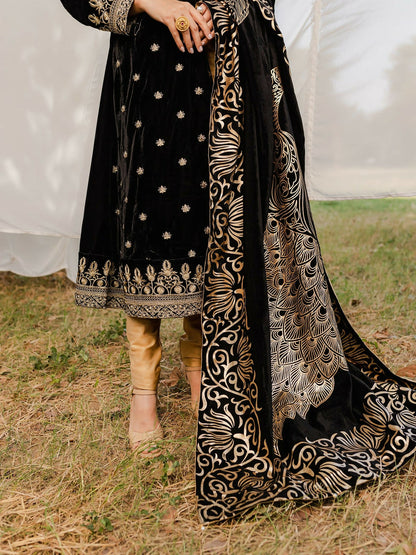 Panache Apparel Velvet Edit Micro Velvet 9000 Embroidered Stitched 3-Piece Suit-Raqs