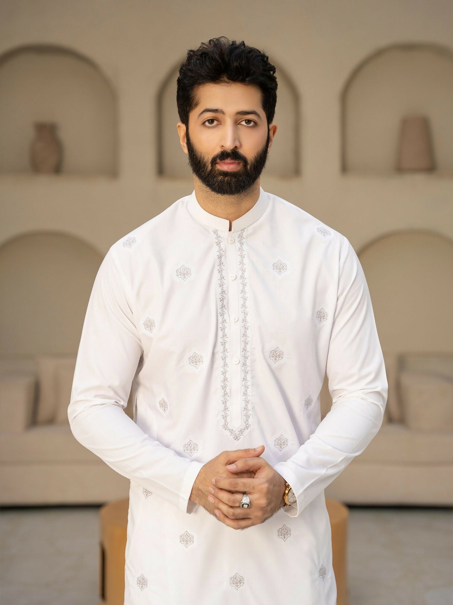Fabrich Men Wash & Wear Embroidered Unstitched Shalwar Kameez-Off White