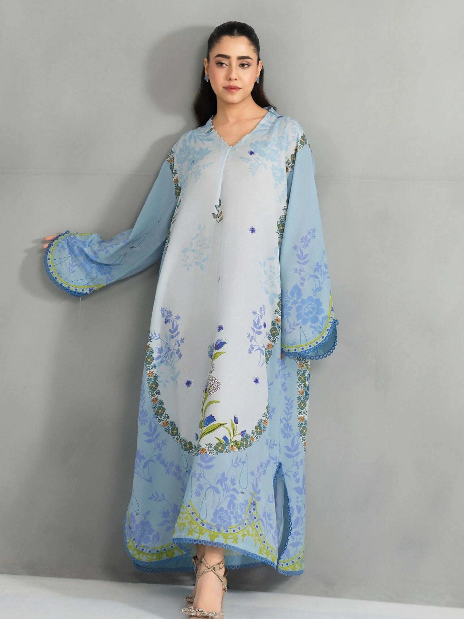 Panache Apparel Dear Summer Silk Lawn Printed Kaftan-Blue Whisper