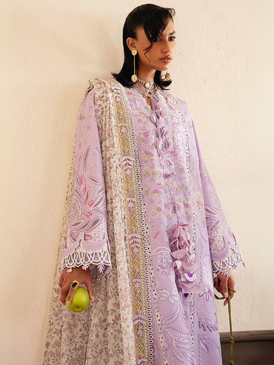 Mauve purple embroidered lawn ensemble by Sana Yasir with organza borders, silk dupatta, and cambric trousers.