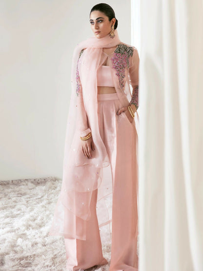 Hussain Rehar blush pink organza jacket with multicolored floral embellishments, paired with raw silk palazzo pants, satin slip, and sprayed organza dupatta.