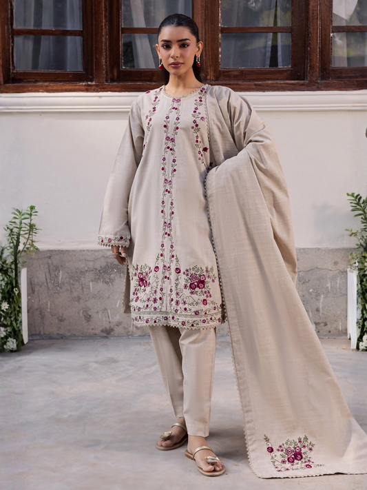 Mannat Clothing Laila Winter Pret '25 Karandi Embroidered Stitched Suit-Pine