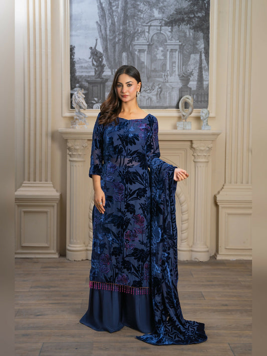 Noori Palachi Embossed Printed With Stone Work Unstitched 3-Piece Suit