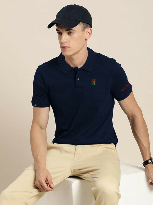Jupiter Red Rose Embroidered Polo for Men with textured collar, soft viscose-cotton blend, and red rose chest embroidery