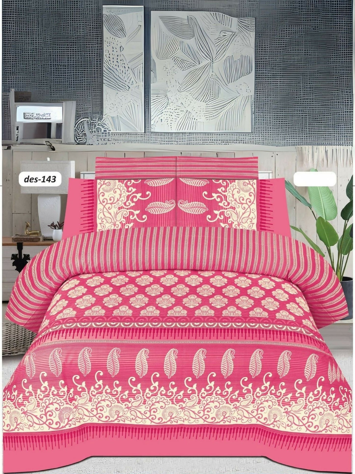 Pink king-size bedsheet with white design and two matching pillow covers in poly cotton