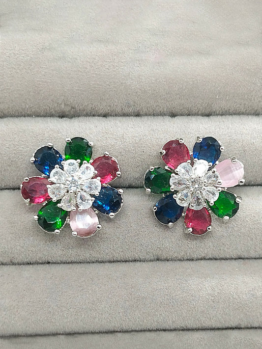 H&A Jewellery multicolor floral stud earrings with zirconia center and silver-tone base