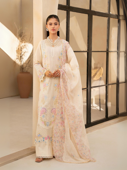RajBari AIRA 2-A cream pastel floral embroidered 3-piece unstitched lawn suit with ready-to-wear dupatta