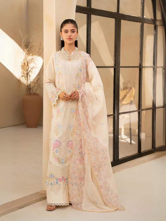 RajBari AIRA 2-A cream pastel floral embroidered 3-piece unstitched lawn suit with ready-to-wear dupatta
