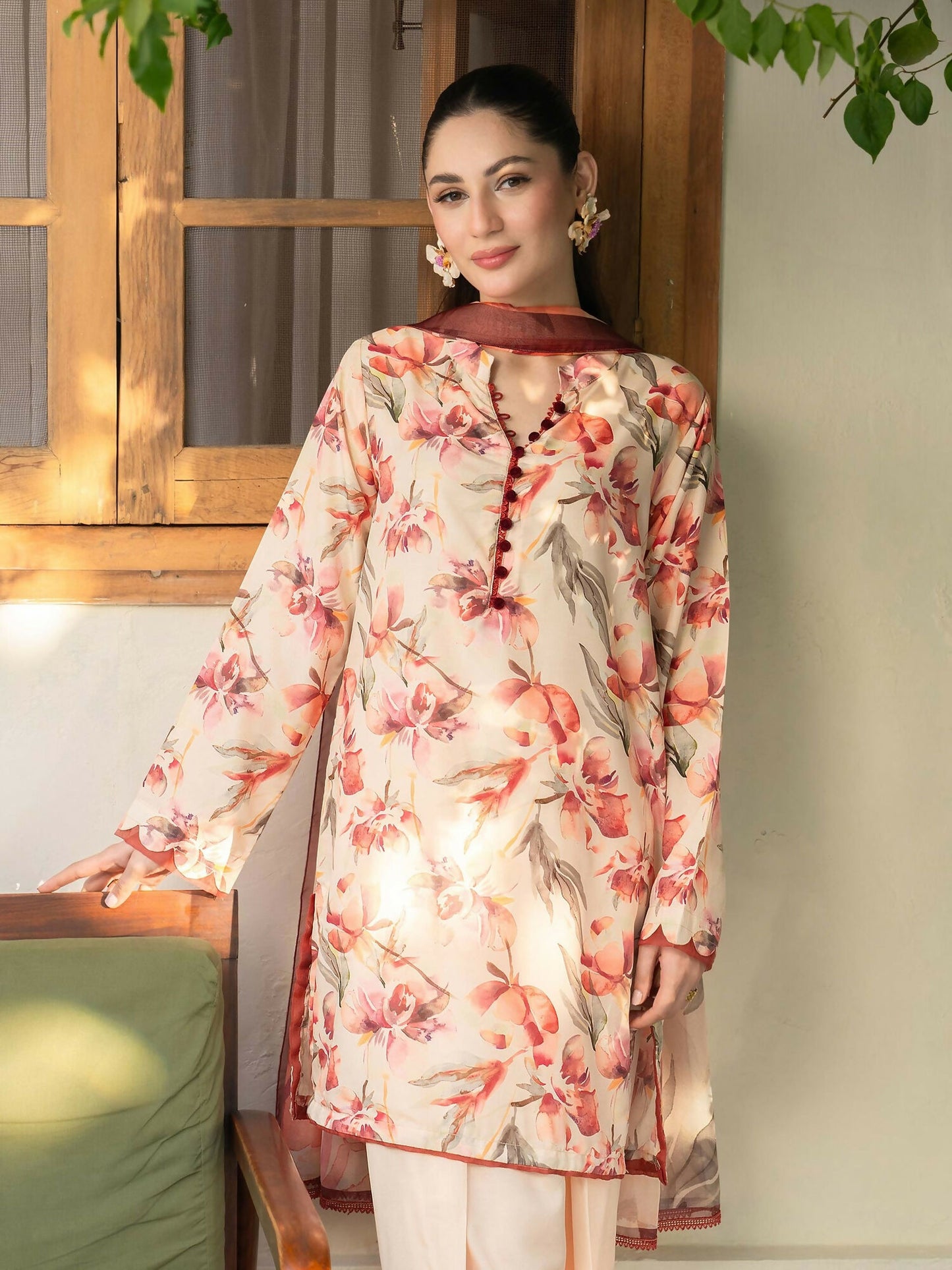 Panache Apparel Mah-e-Noor Rawsilk Printed Stitched Suit-Coral Blush