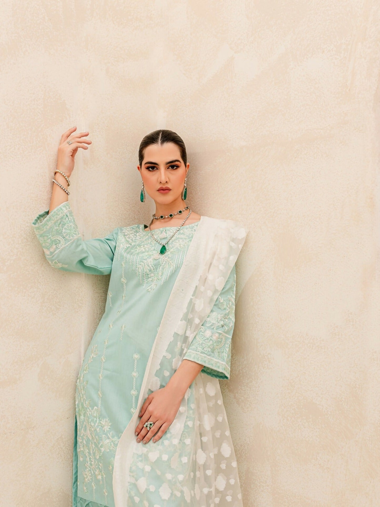 Panache Apparel Chambray Katan Embroidered Stitched Suit-Sky