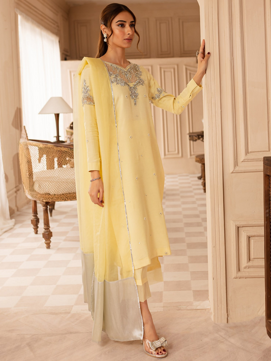 Allure By IH Luxury Pret Raw Silk Embellished Stitched 3-Piece Suit-Faha