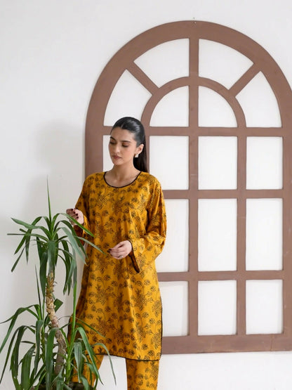 Stylish Collection Enchant Pret Linen Printed Co-Ord Set-Gulaab Mustard