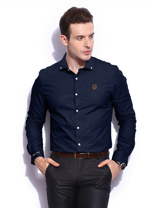 Men's solid cotton-polyester button-down casual shirt with left chest embroidery logo and cuff embroidery.