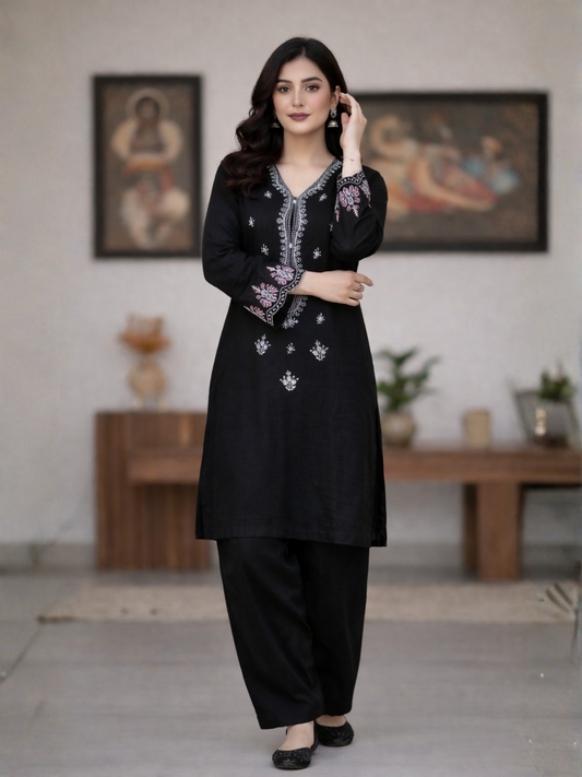 MAK Fashion Khaddar Embroidered Stitched 2-Piece Suit-Black Night