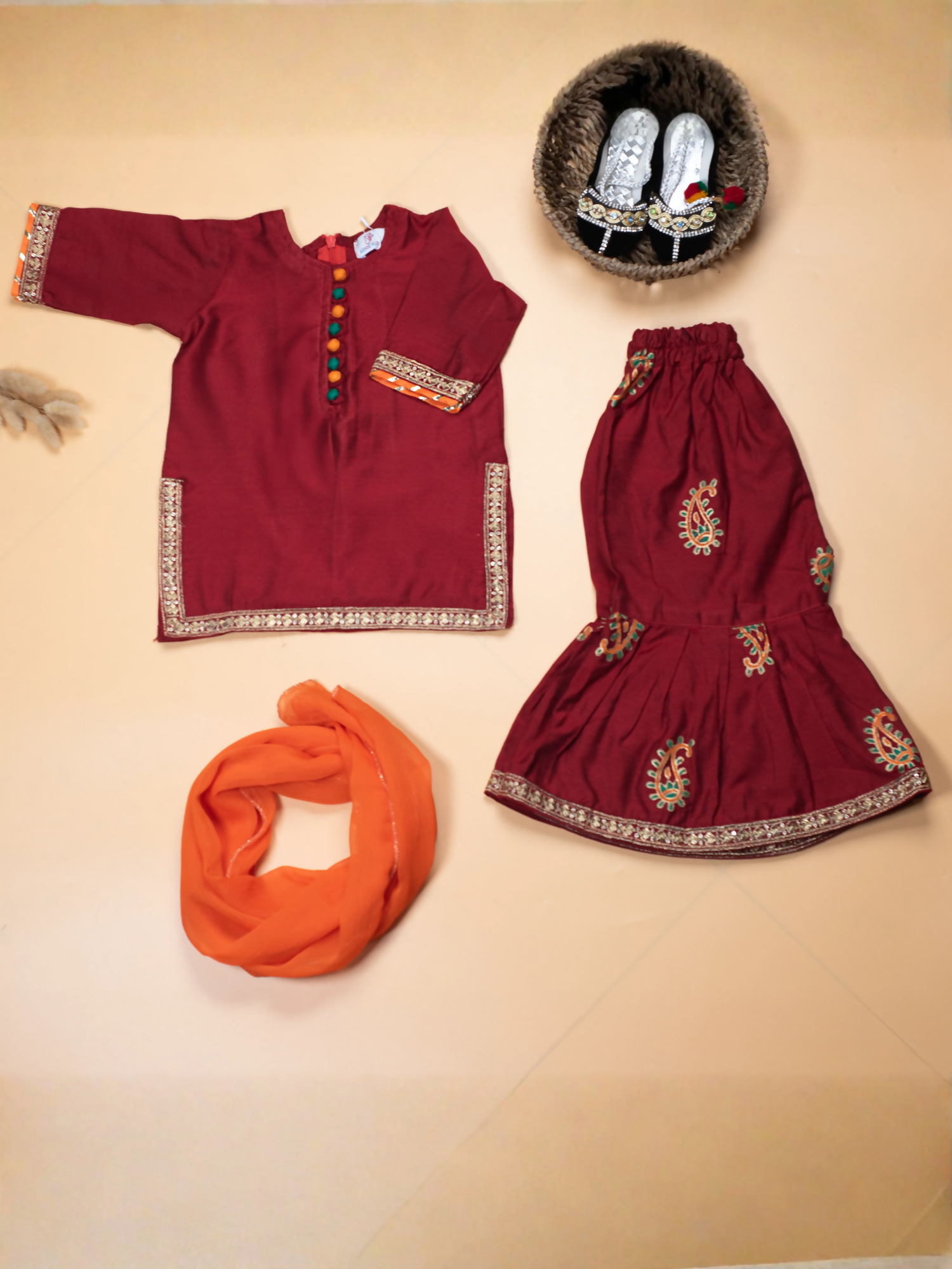 Kidoz Kloset Rang Rasiya Cotton Silk Embroidered Stitched 3-Piece Suit-Amber Mirage Gharara-Infant