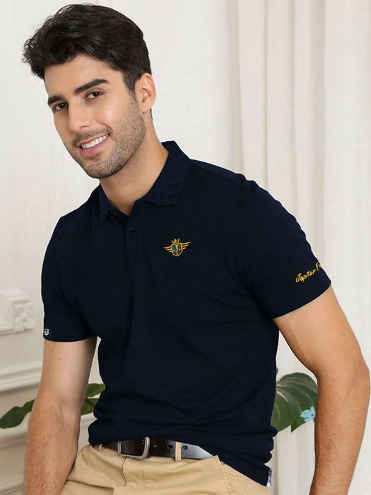 Jupiter textured collar western wear men’s polo shirt in cotton, polyester, and viscose blend with embroidered chest logo, left arm embroidery, and soft hand feel