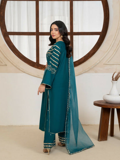 Stylish Collection Royal Pret Dhanak Linen Embroidered Stitched 3-Piece Suit-Jazmine Teal