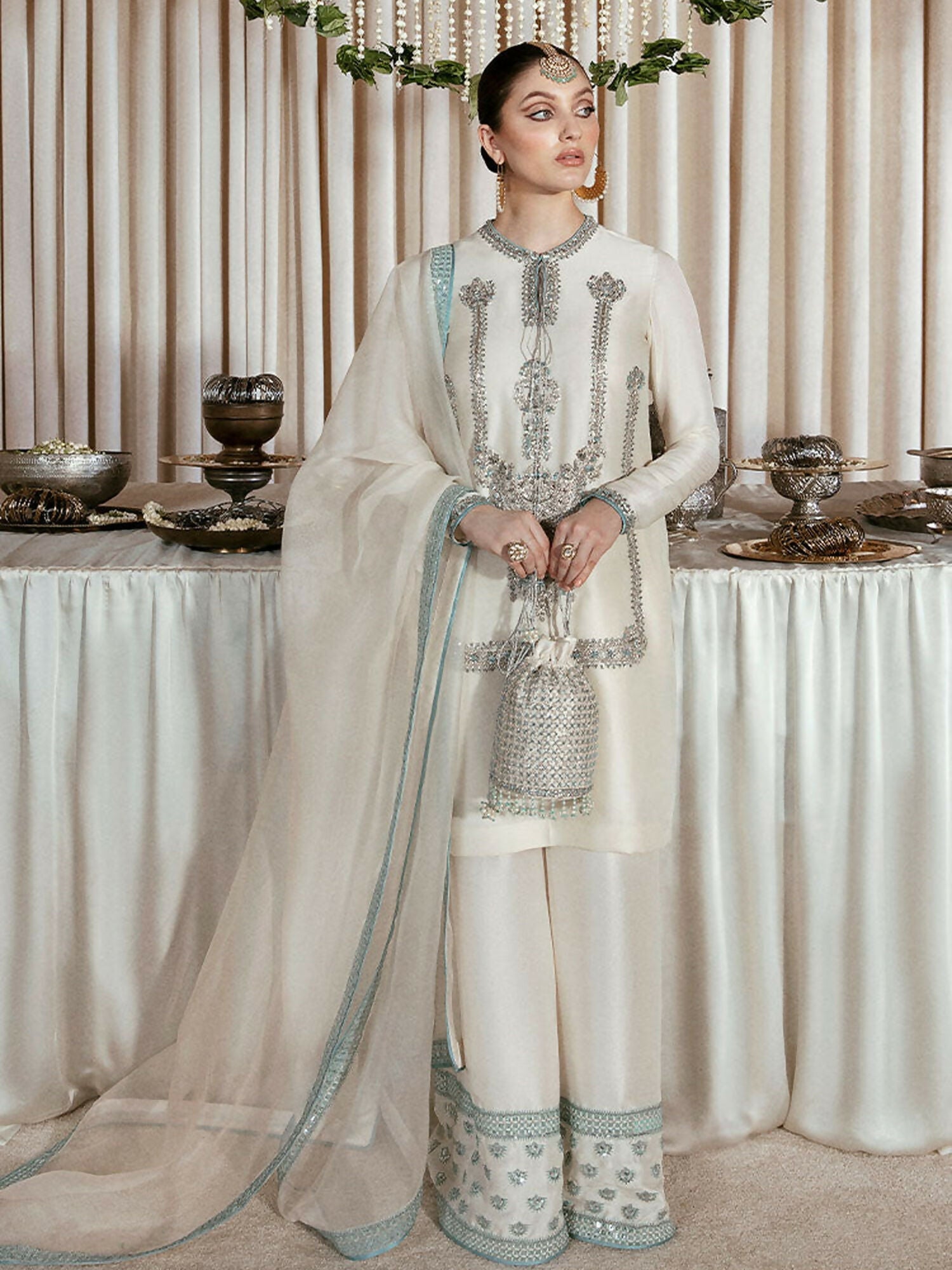 Hussain Rehar – White Raw Silk Embellished Shirt with Palazzo Pants and Organza Dupatta
