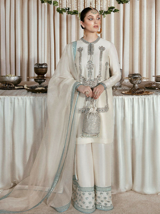 Hussain Rehar – White Raw Silk Embellished Shirt with Palazzo Pants and Organza Dupatta
