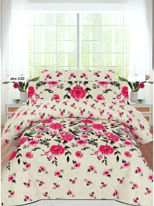 Pink floral printed king-size bedsheet set with two matching pillow covers in poly cotton