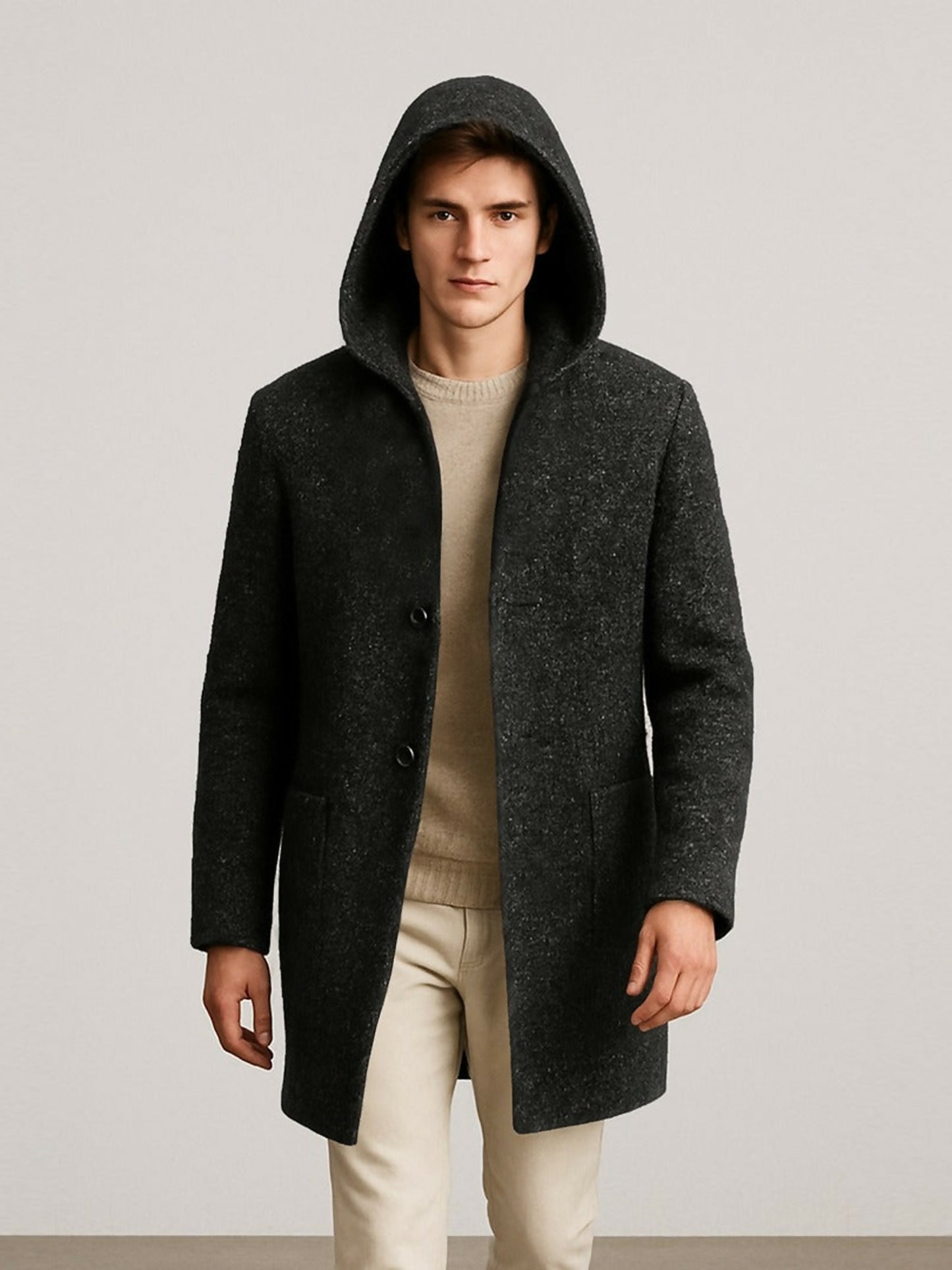 Black Jupiter Imported Elegant Hoodie Woolen Long Coat-15062