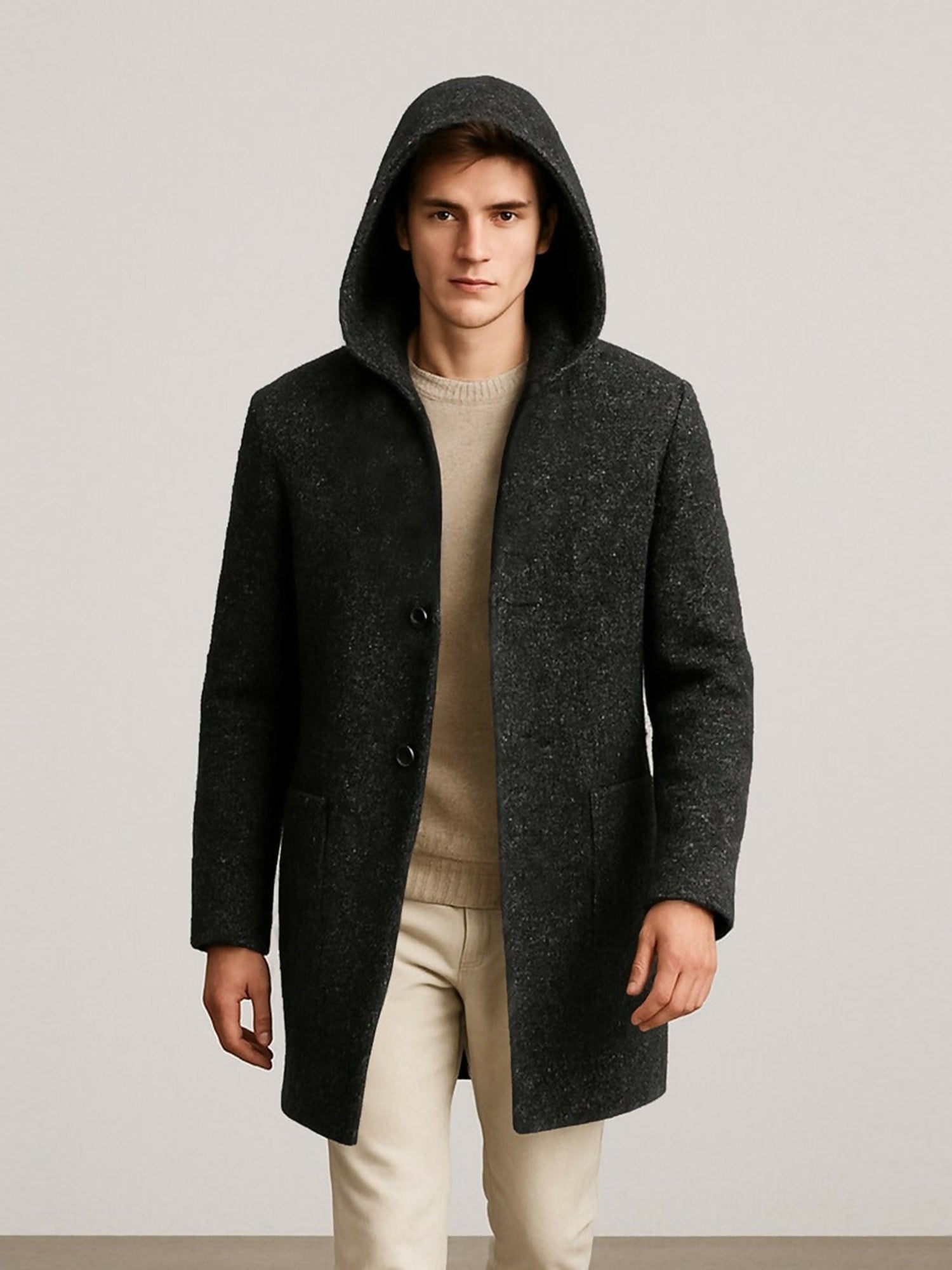 Black Jupiter Imported Elegant Hoodie Woolen Long Coat-15062