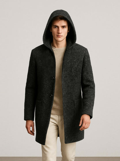 Black Jupiter Imported Elegant Hoodie Woolen Long Coat-15062