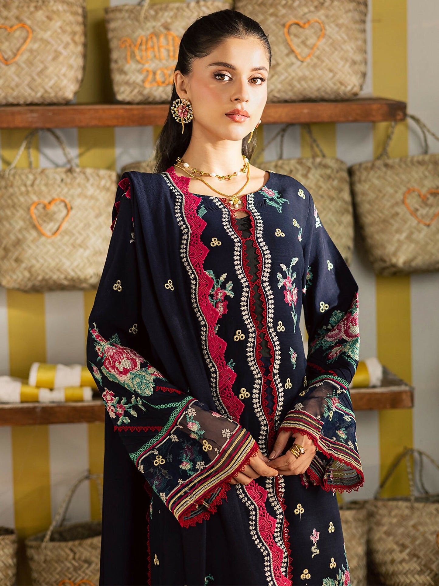 Mahnur Kaia Slub Linen Embroidered Stitched 3-Piece Suit-K- 06