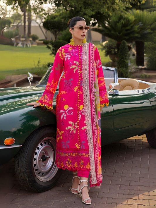 Woman wearing a chikankari embroidered unstitched 3 piece suit with digital printed lawn shirt, chiffon dupatta, and cotton trouser.