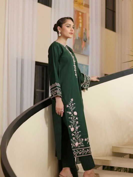 Stitched 2-piece lilen suit with embroidered long shirt and plain trouser from Tehzeeb Libas.