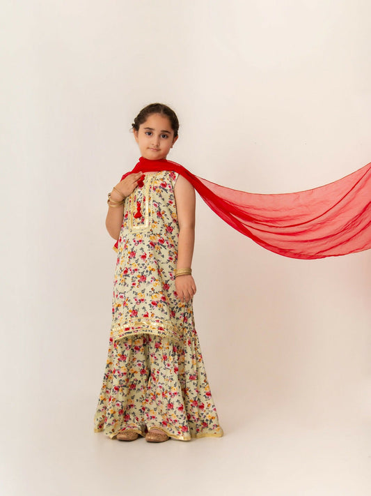 Kidoz Kloset Cotton Lawn Printed Stitched 3- Piece Suit-Butterscotch Bloom