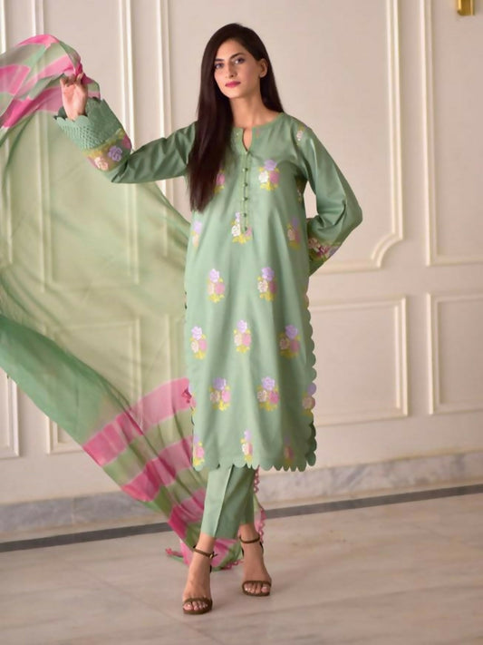 Zeephire Linen Embroidered Stitched 3-Piece Suit-Pista
