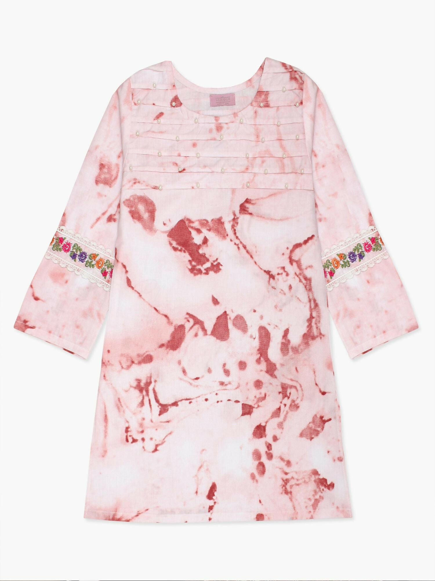 Pink and White Velvour Girls Embroidered Stitched Kurti-VG54