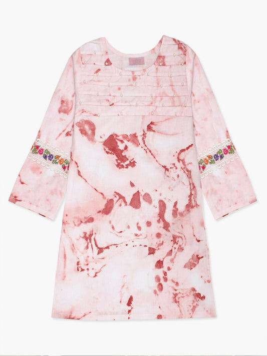 Pink and White Velvour Girls Embroidered Stitched Kurti-VG54
