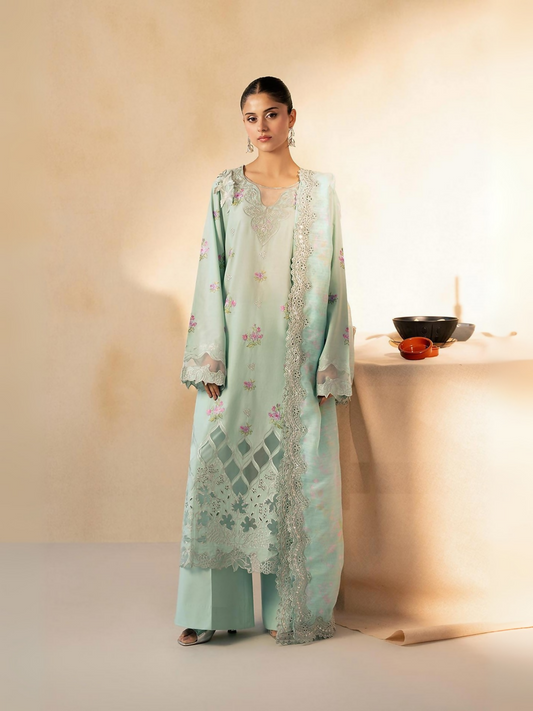 RajBari AALYA 4-A mint green embroidered & cutwork 3-piece unstitched lawn suit with monark dupatta
