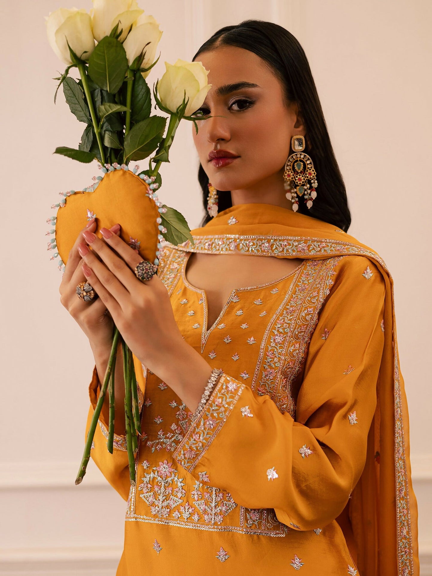 Allure By IH Be-My-Guest Thai silk Embellished Stitched 3-Piece Suit-Honey Burn