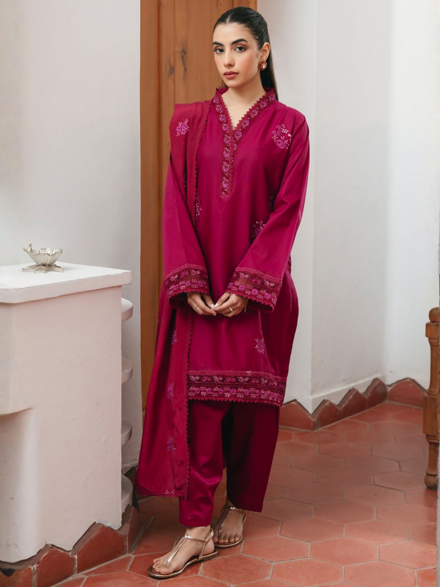 Mannat Clothing Lawn Embroidered Stitched Suit-Carnation
